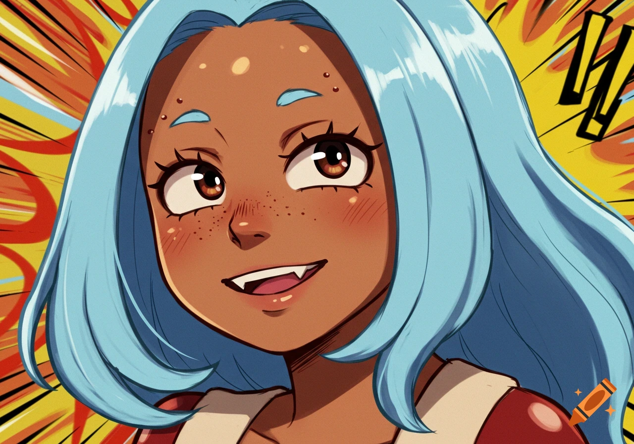 Close-up anime illustration of a girl with light brown skin, light blue hair, freckles, and small vampire fangs, against a comic-book style background.