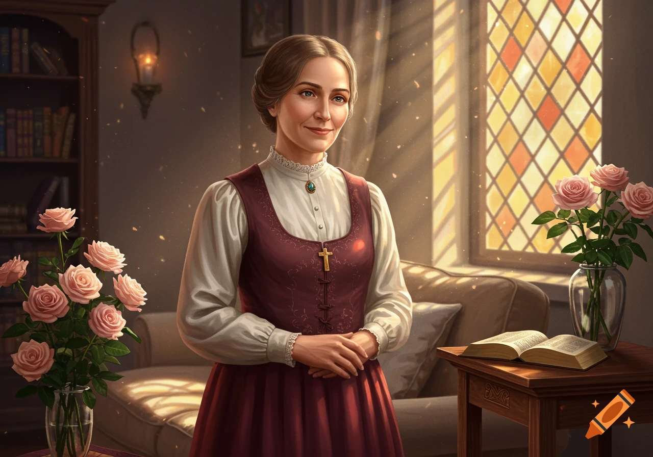 A woman in a white blouse and maroon dress, wearing a cross pendant, stands in a warm room with a stained-glass window, books, and roses.