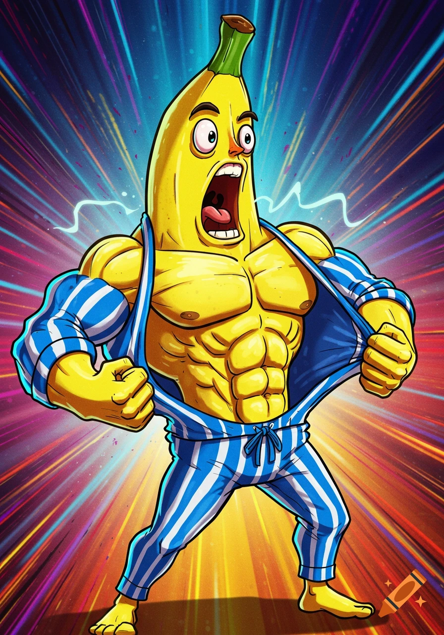 A muscular, cartoon banana character screams while ripping open blue striped pajamas against a vibrant, colorful background.