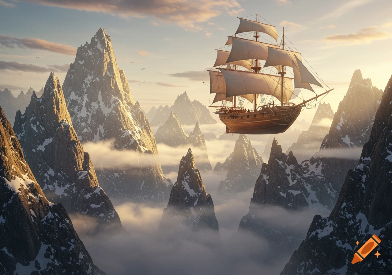 A large wooden sailing ship with white sails flies through the air above snow-capped mountain peaks shrouded in clouds at sunrise.