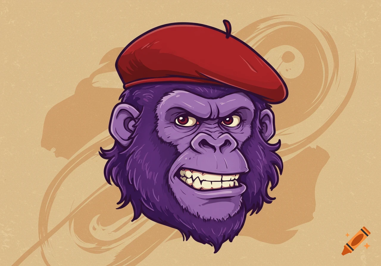 Cartoon illustration of an angry purple gorilla head wearing a red beret on a beige textured background.