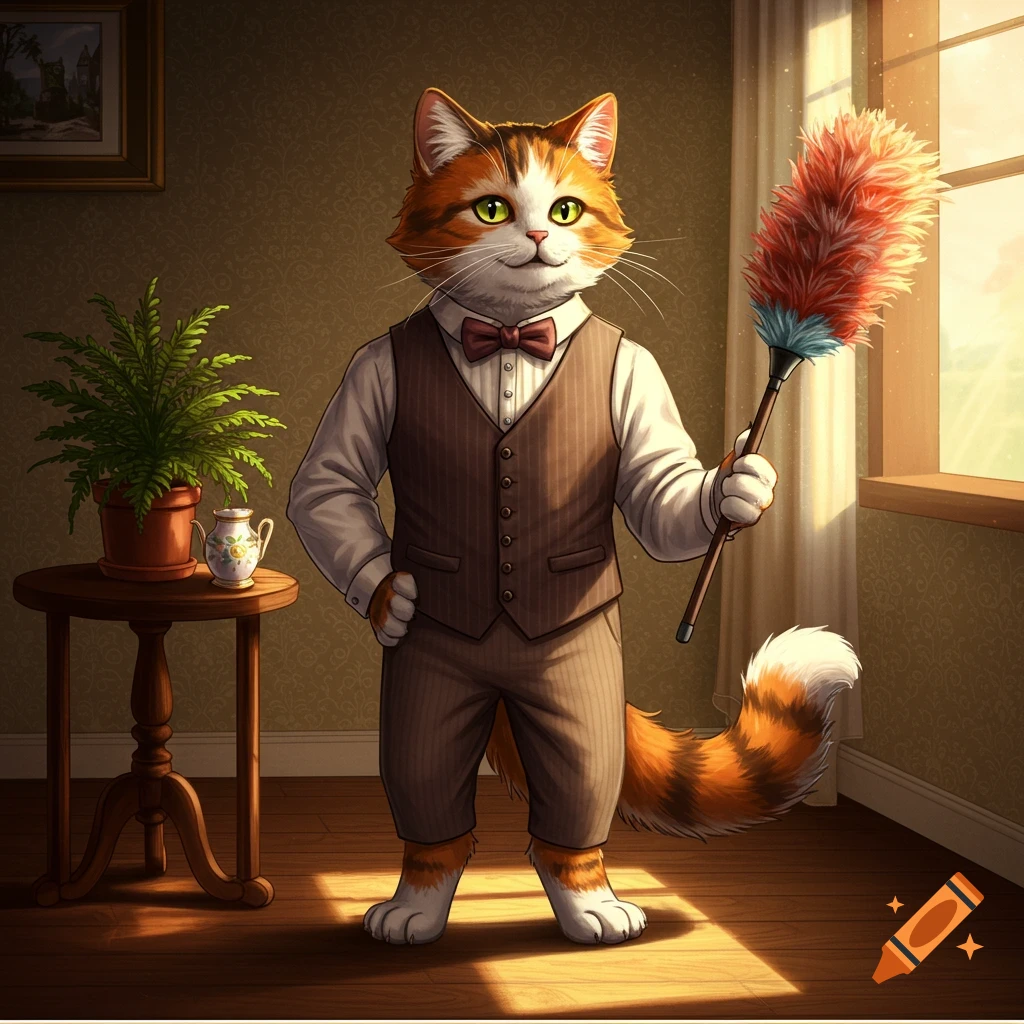 An anthropomorphic calico cat in a waistcoat and bow tie stands indoors, holding a red feather duster.