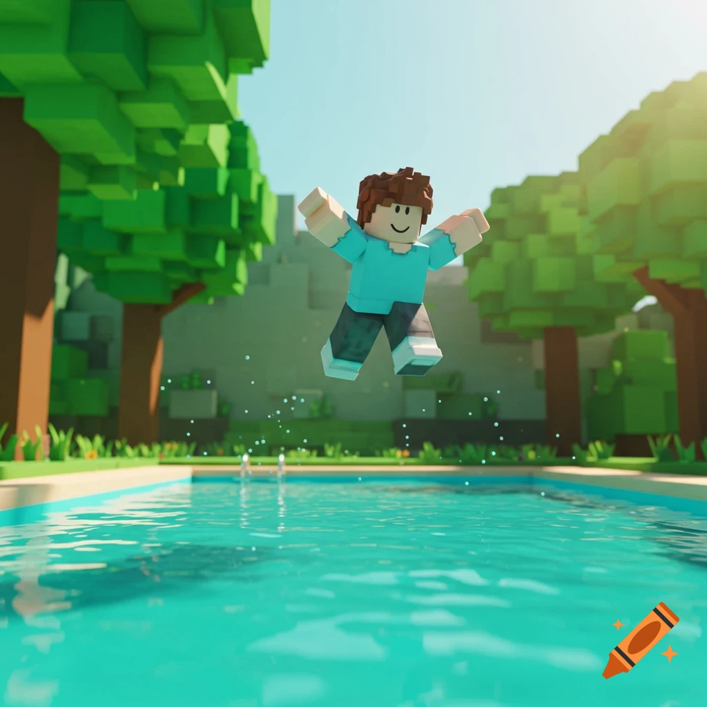 Blocky 3D character jumping into a swimming pool with green trees under a sunny sky.