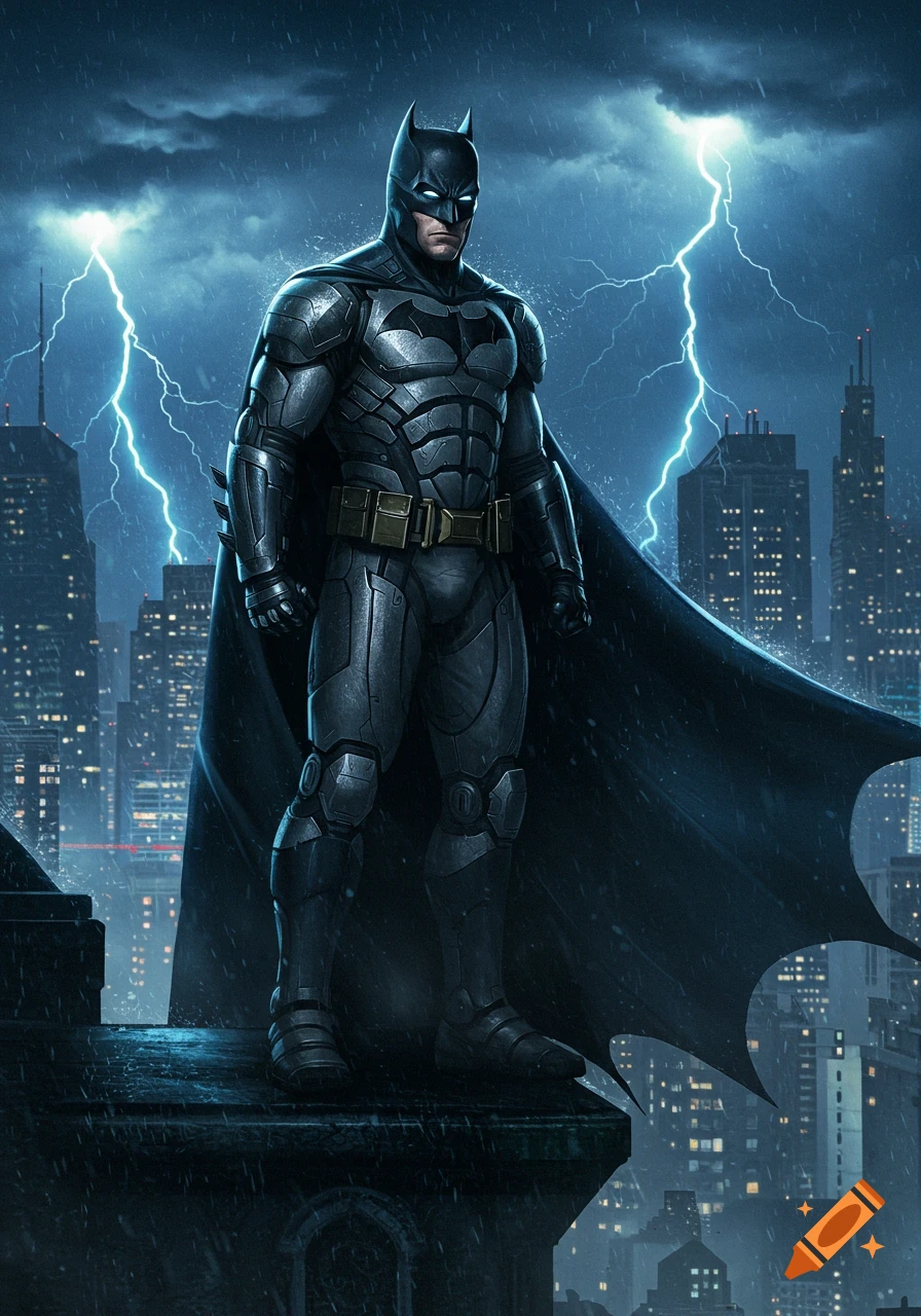 Batman in a armored suit stands on a skyscraper rooftop in a stormy city with lightning.