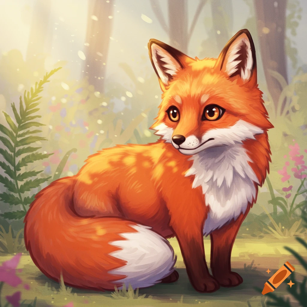 A cute, cartoonish red fox with big eyes sits in a bright, ethereal forest setting with green plants and subtle pink flowers.