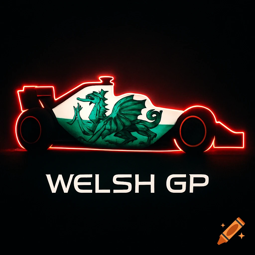 A neon outline of a Formula 1 car with a green Welsh dragon inside, above the text 'WELSH GP' on a black background.