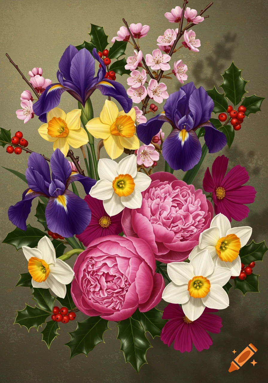 A vibrant drawing of a bouquet featuring purple irises, yellow daffodils, pink peonies, and white narcissus, with cherry blossoms and holly berries.