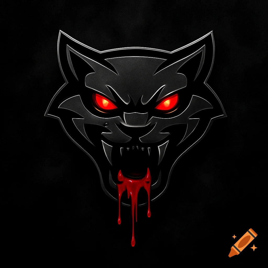 A stylized black metallic wolf or cat head logo with glowing red eyes and red blood dripping from its fanged mouth, on a black background.