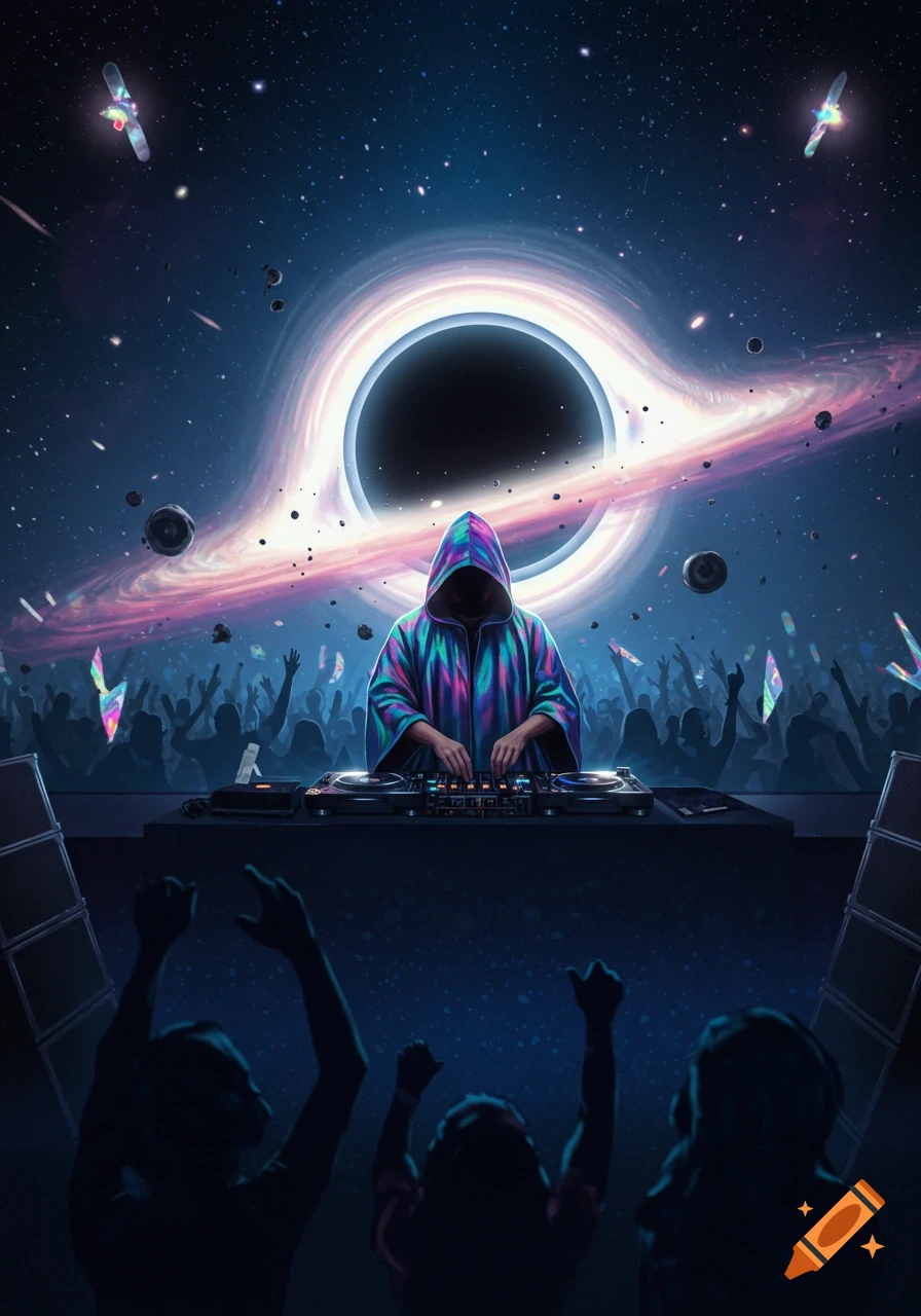 A hooded DJ with a colorful cloak plays music on a mixer, with a black hole and galaxy in the cosmic background and a silhouetted crowd.