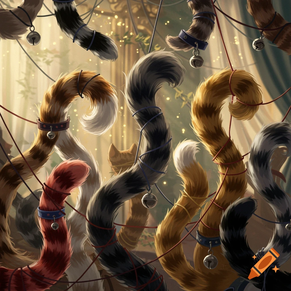 Numerous colorful cat tails, some with collars and bells, are tangled by red and blue threads in a soft, bright indoor setting.