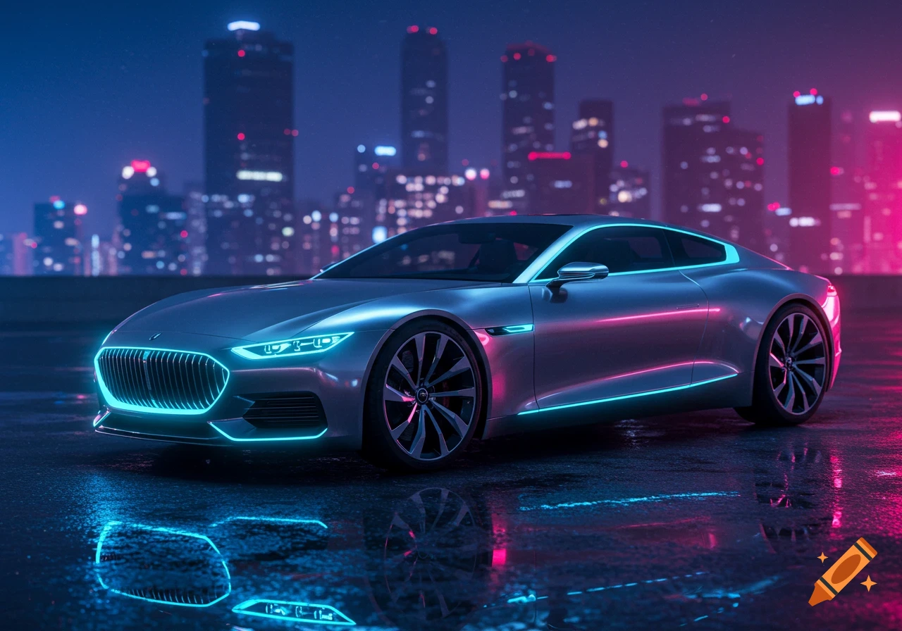 A sleek silver futuristic car with neon blue and pink lights on a wet surface, reflecting a blurry city skyline at night.