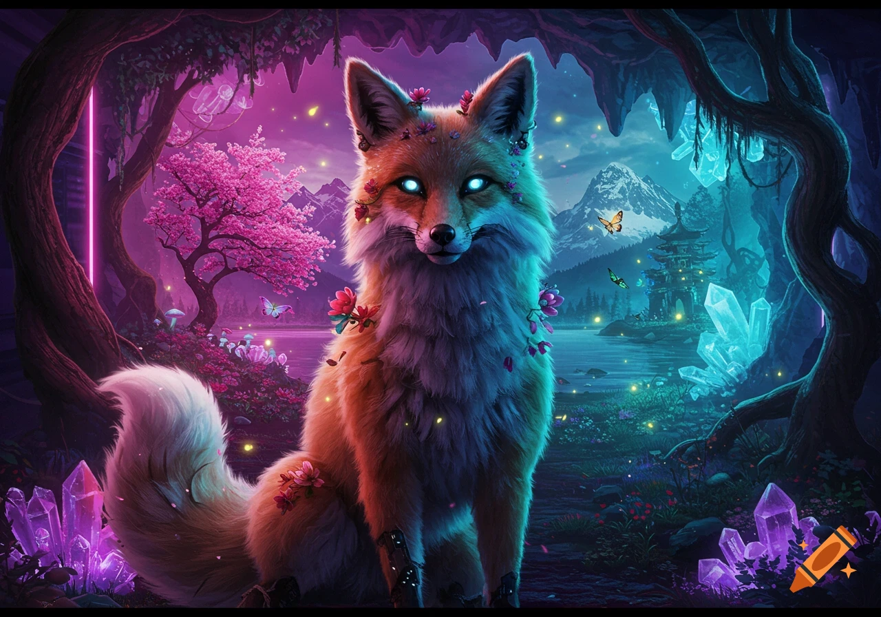 A vibrant fantasy illustration of a fox with glowing eyes and flowers on its fur, sitting in a magical forest with glowing crystals, cherry blossom trees, butterflies, and a pagoda by a lake.