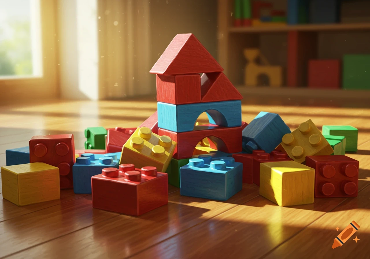 Colorful building blocks piled on a wooden floor with sunlight from a window.