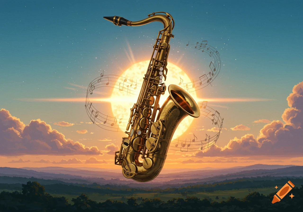 A golden saxophone with swirling musical notes in front of a bright sun setting over a vast landscape with clouds.