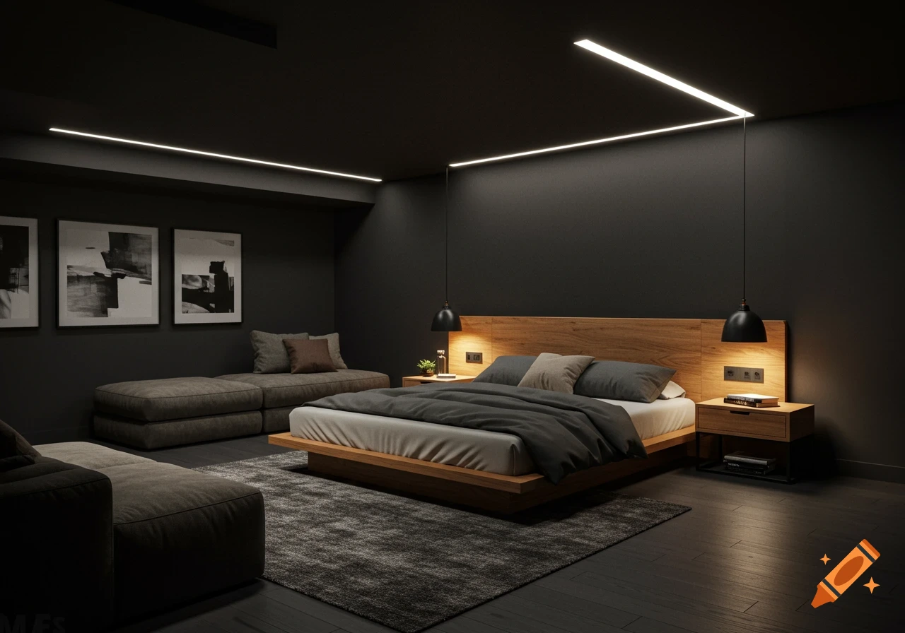A dark, cozy modern master bedroom with a wooden bed, gray bedding, dark rug, and ceiling strip lighting.