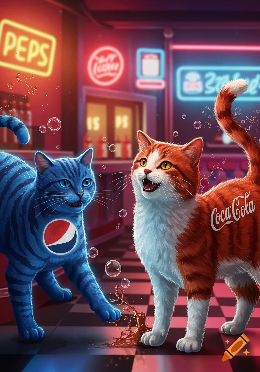 A vibrant digital painting of a blue tabby cat with a Pepsi logo on its chest, and an orange tabby cat with a Coca-Cola logo on its side, standing in a neon-lit diner.