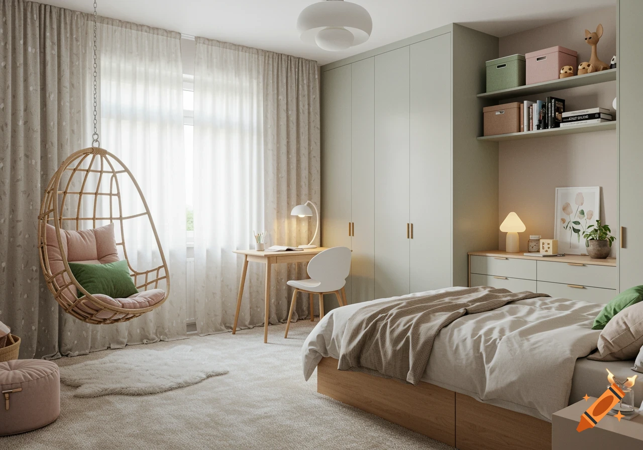 A bright, modern bedroom with a light oak bed, pastel green wardrobes, a desk, and a rattan hanging chair.