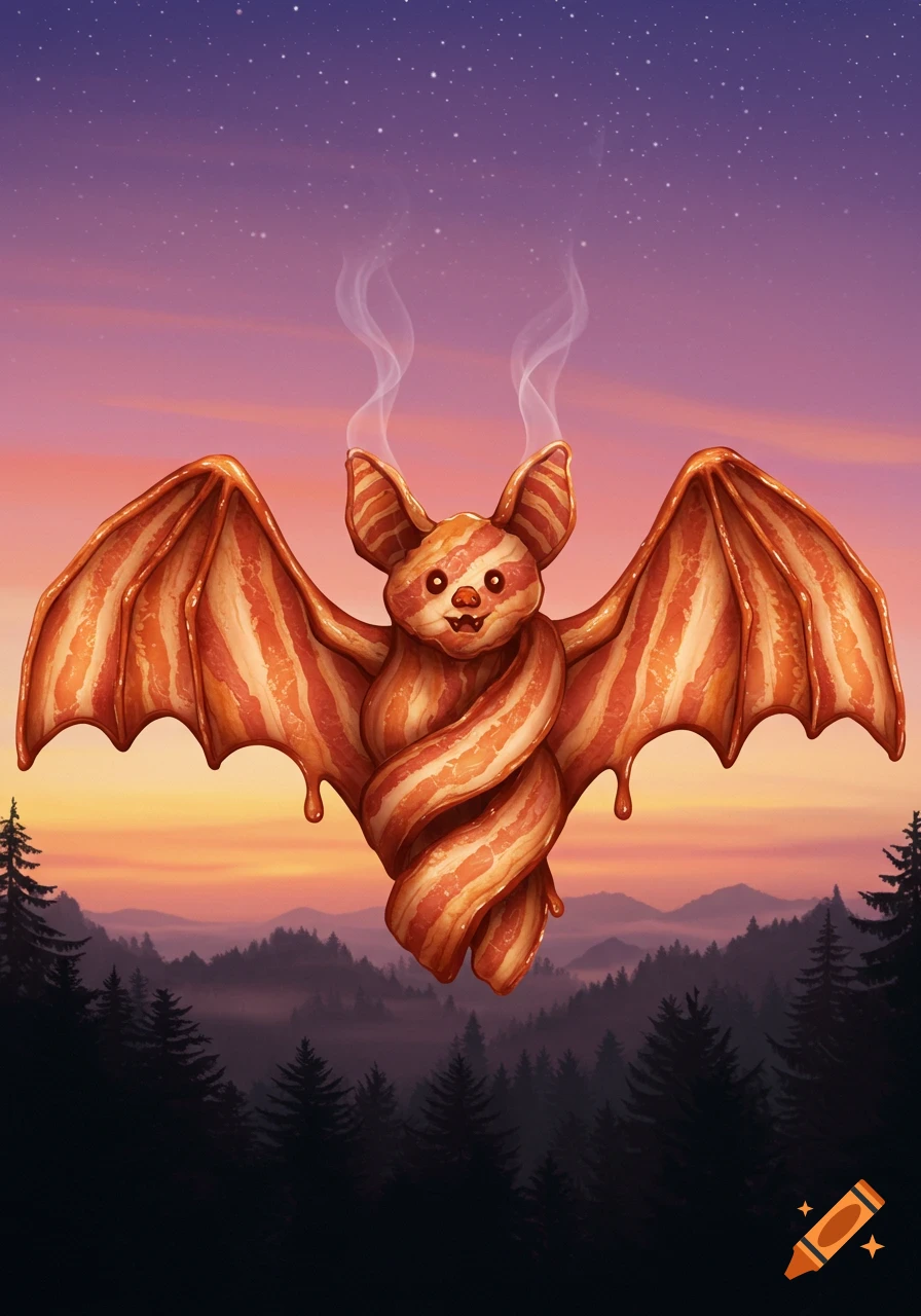 A whimsical cartoon bat made of crispy bacon flies at dusk over a dark forest, with steam rising from its ears.