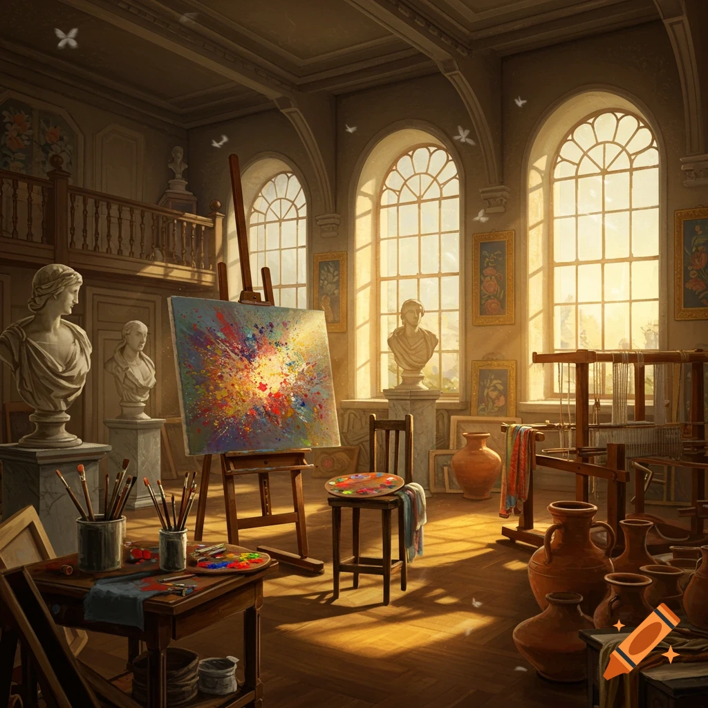 A sunlit artist's studio with an abstract painting on an easel, classical busts, art supplies, pottery, and large arched windows.