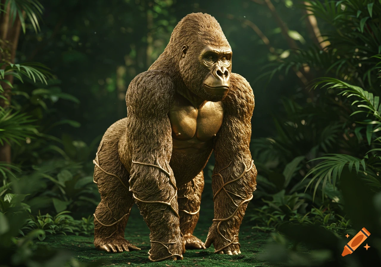 A photorealistic golden gorilla statue stands in a lush, green jungle with vines wrapped around its limbs.
