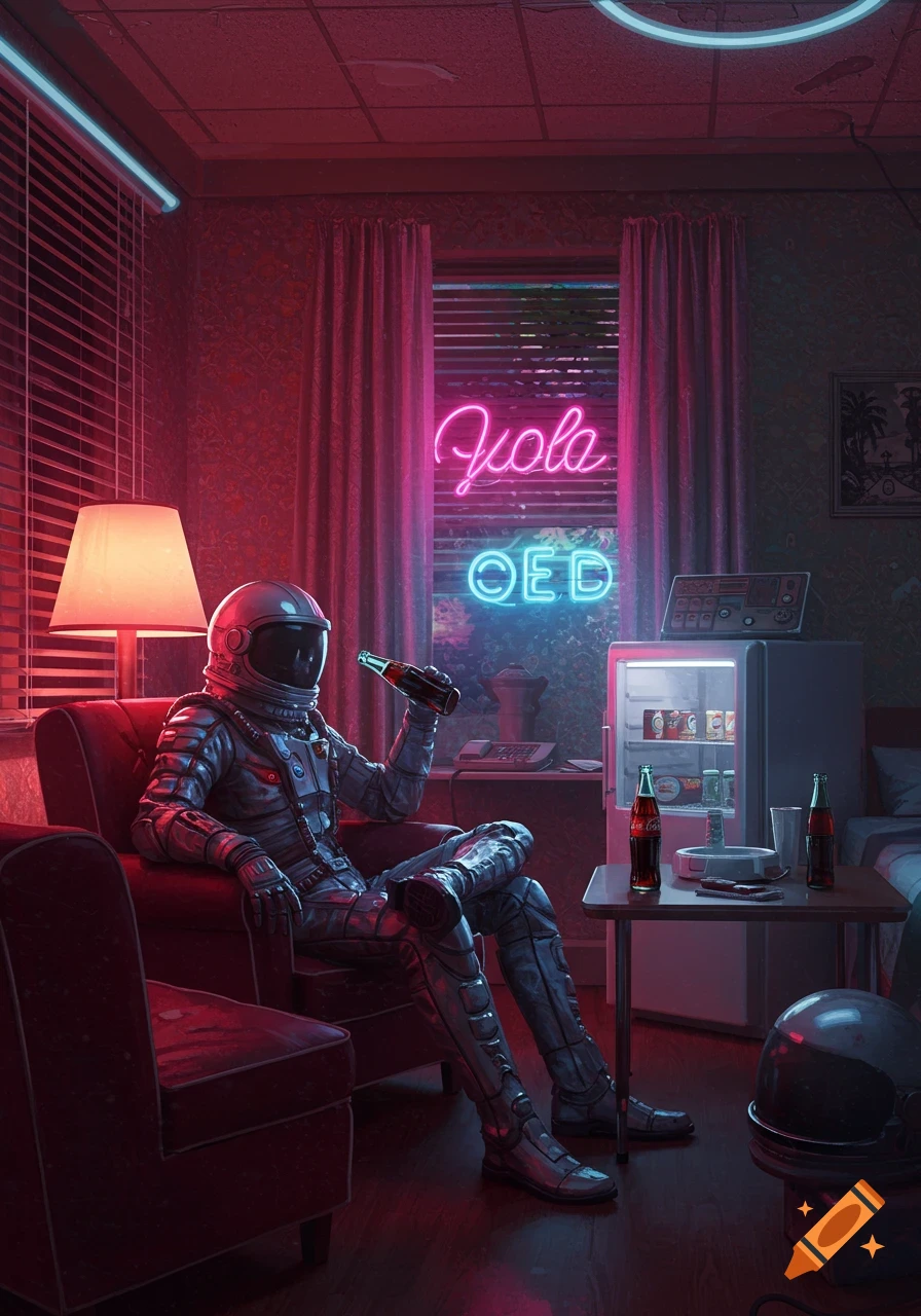 An astronaut in a futuristic suit sits in a red armchair in a neon-lit room, drinking cola. A mini-fridge and a table are nearby.