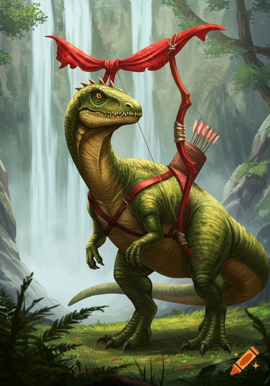 A green dinosaur wearing a red harness, with a bow and quiver on its back, stands in a lush jungle with a large waterfall.