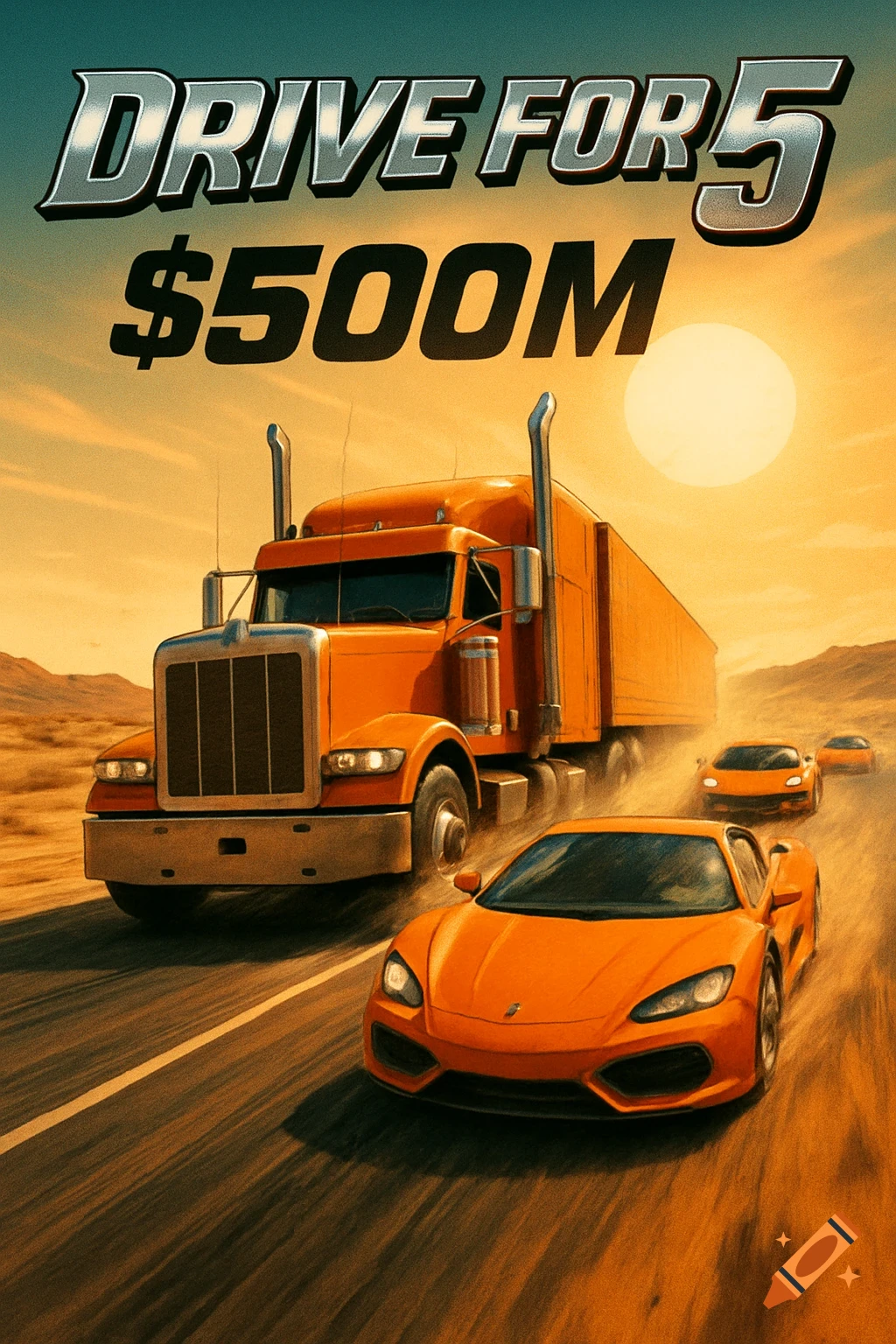 An orange semi-truck and three orange sports cars speed along a desert highway at sunset with text 'DRIVE FOR 5 $500M'.