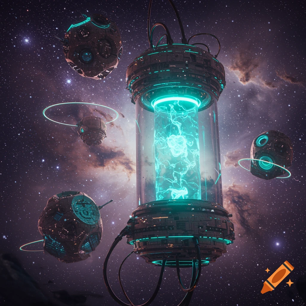 Futuristic alien structures glowing with blue energy in outer space with stars and nebulae.