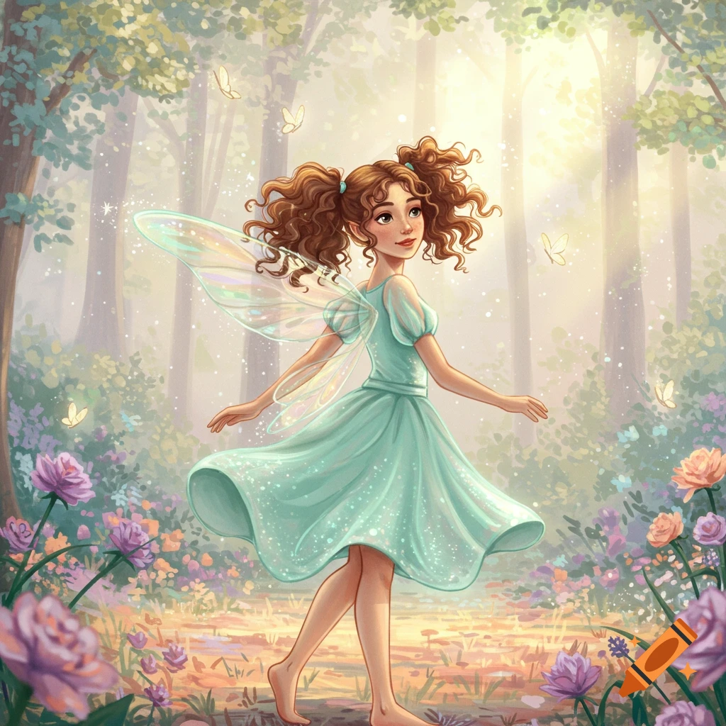Cute fairy with brown pigtails and mint green dress walking barefoot through a sunny enchanted forest with flowers and butterflies. Illustrated.