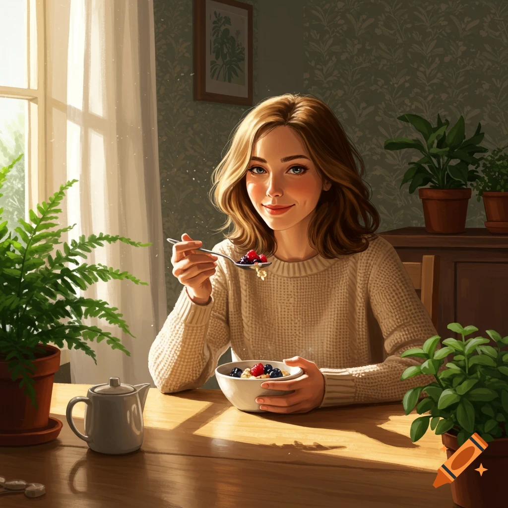 A woman eating a bowl of oatmeal with berries at a sunlit wooden table, surrounded by potted plants.