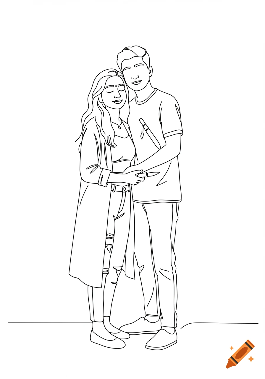 A minimalist line art drawing shows a happy couple embracing, with the man holding a small knife pointed at the woman's chest.