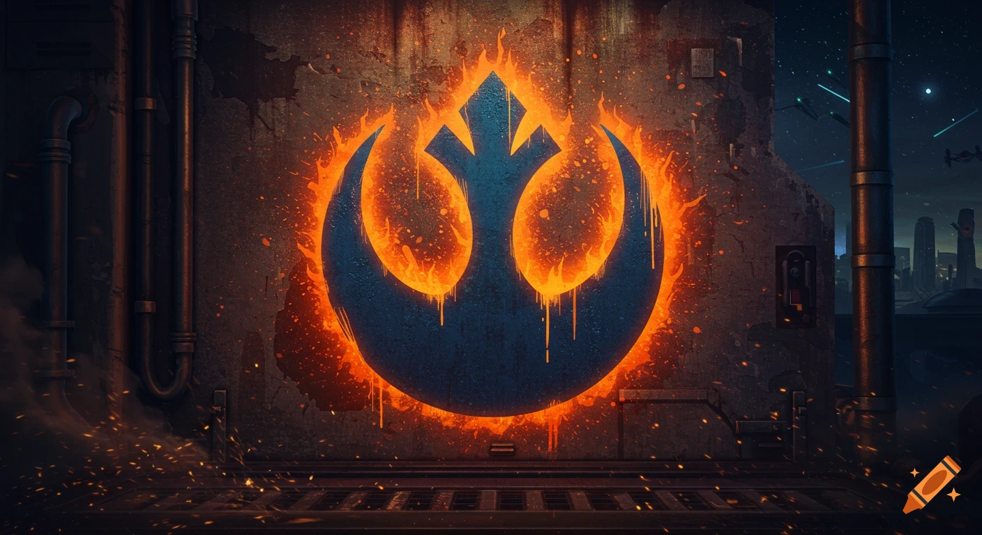 Star Wars Rebel Alliance symbol glowing with orange fire graffiti on a dark concrete wall with a sci-fi cityscape in the background.
