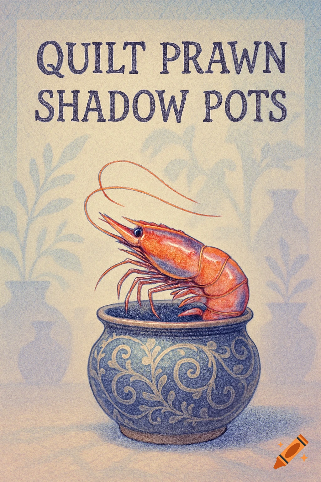 Colored pencil drawing of a prawn sitting in a blue patterned pot, with the text 'QUILT PRAWN SHADOW POTS' above it.
