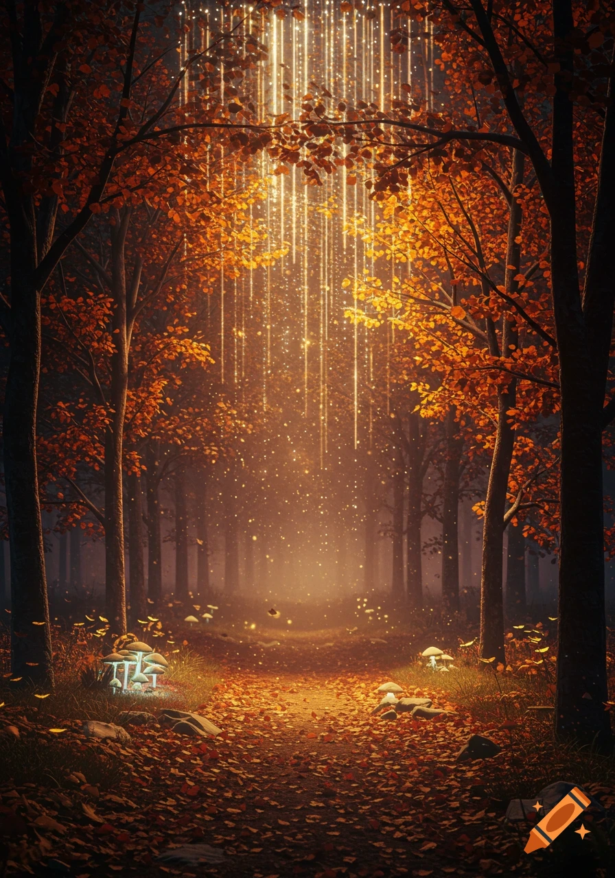 An enchanted autumn forest path at night illuminated by falling golden light trails and glowing mushrooms, with trees covered in orange leaves.