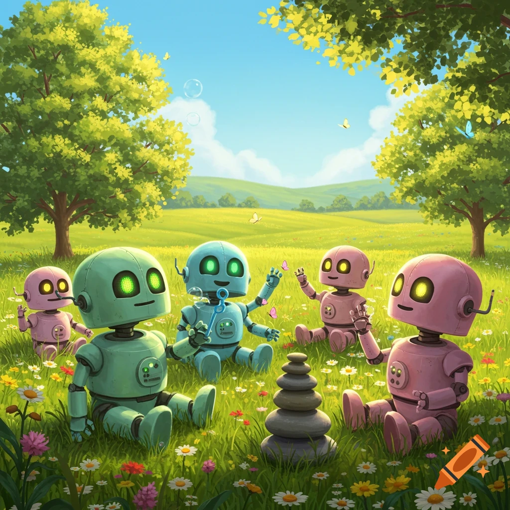 Five cute robots, two green and three pink, sit among colorful flowers in a sunny green field with trees, playing with bubbles and butterflies.