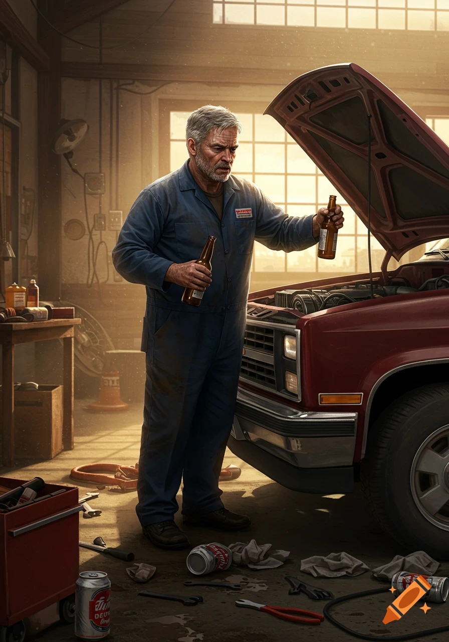 A photorealistic image of a confused middle-aged mechanic in a garage, holding two beers and looking under the hood of a red truck, with beer cans on the floor.