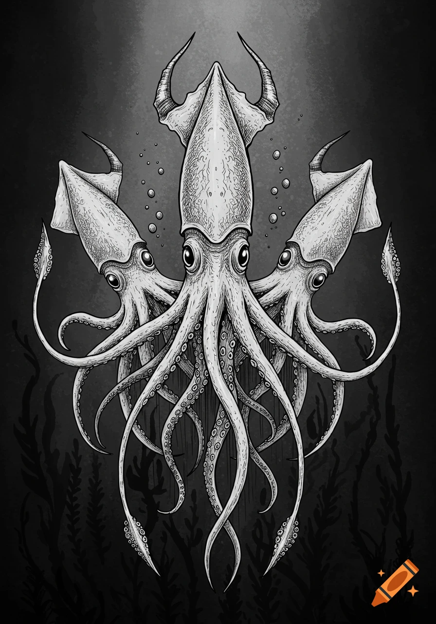 Black and white illustration of three horned squids with tentacles, surrounded by bubbles and seaweed in a dark underwater scene.