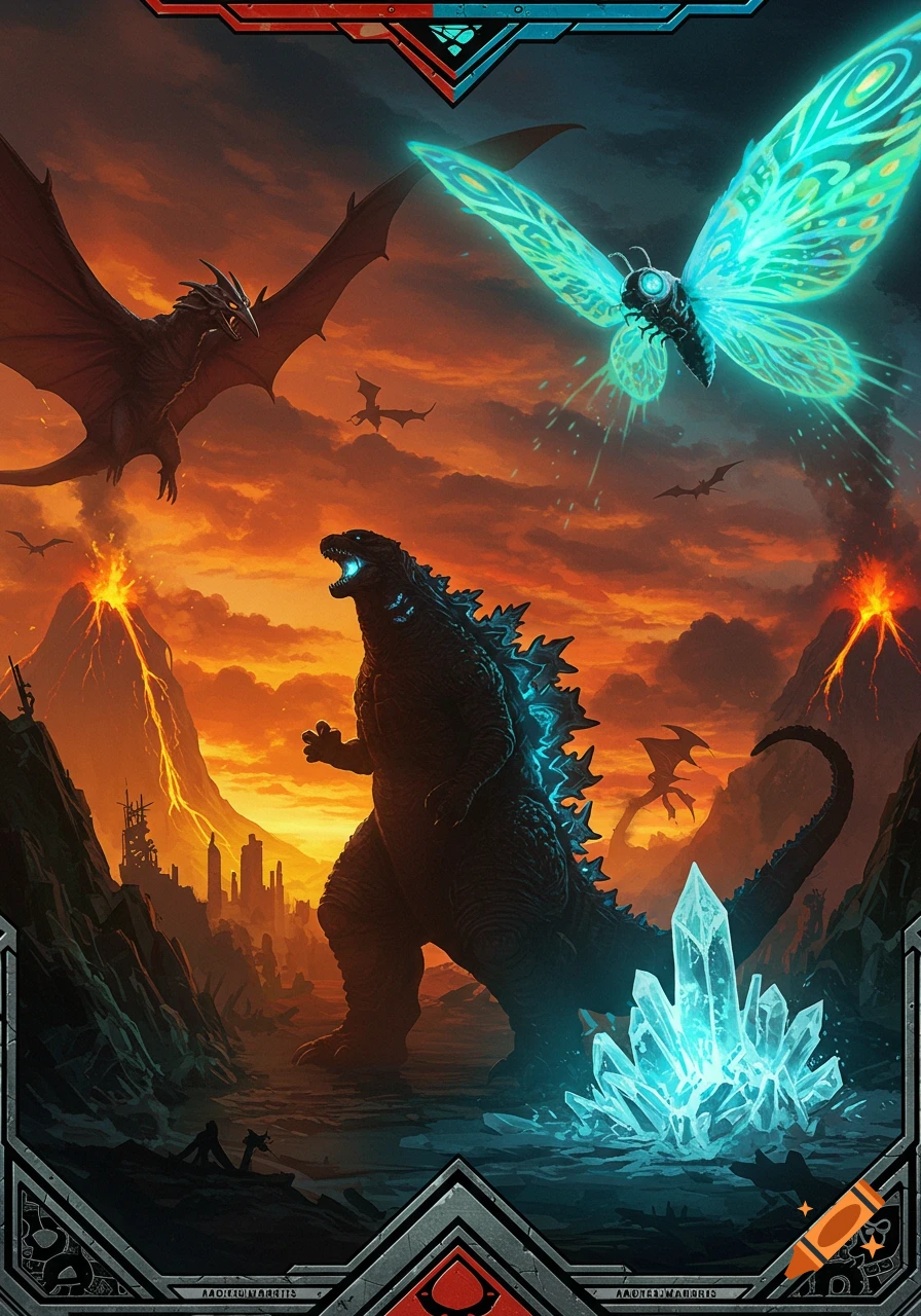 Godzilla, Mothra, and Rodan battle in a volcanic landscape under an orange sky, depicted as a card game illustration.