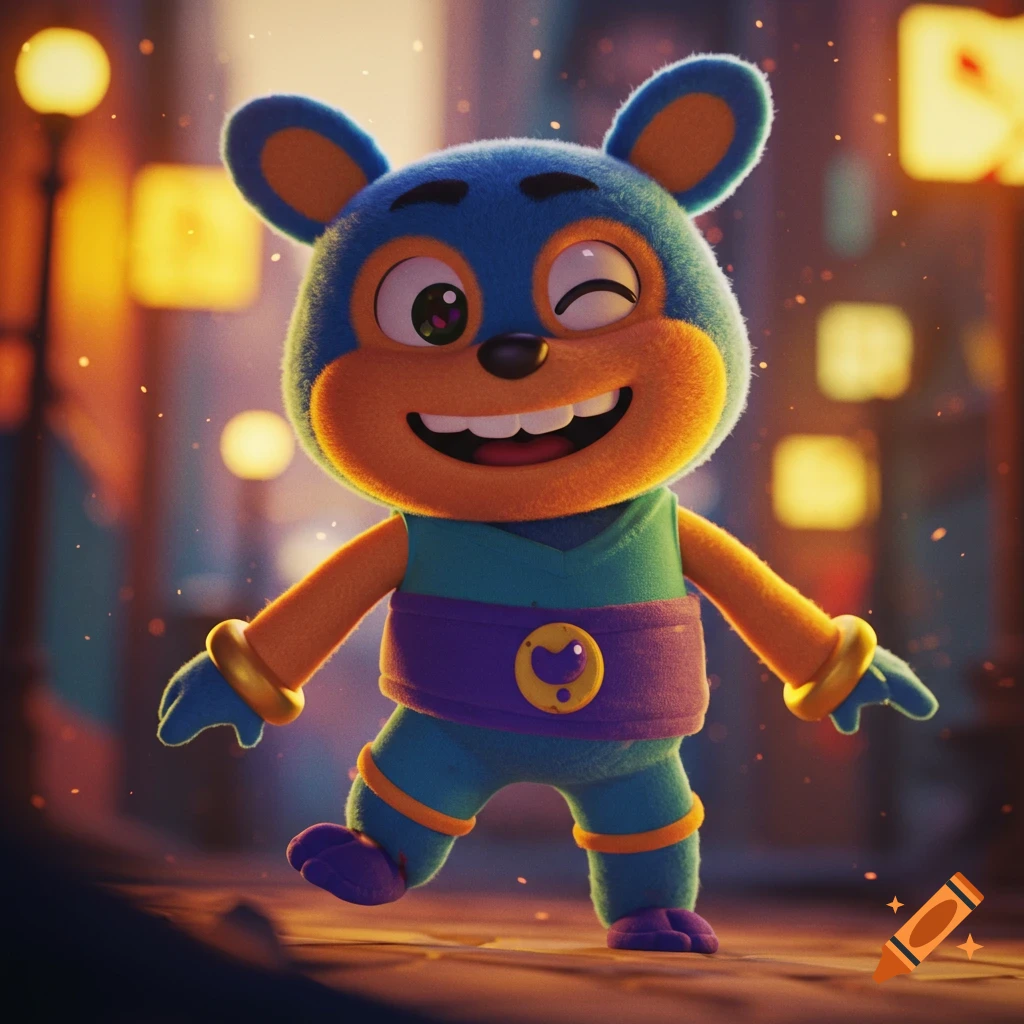 A cute, furry blue and orange cartoon character winks and smiles, dressed in a colorful superhero-like outfit on a city street at night.