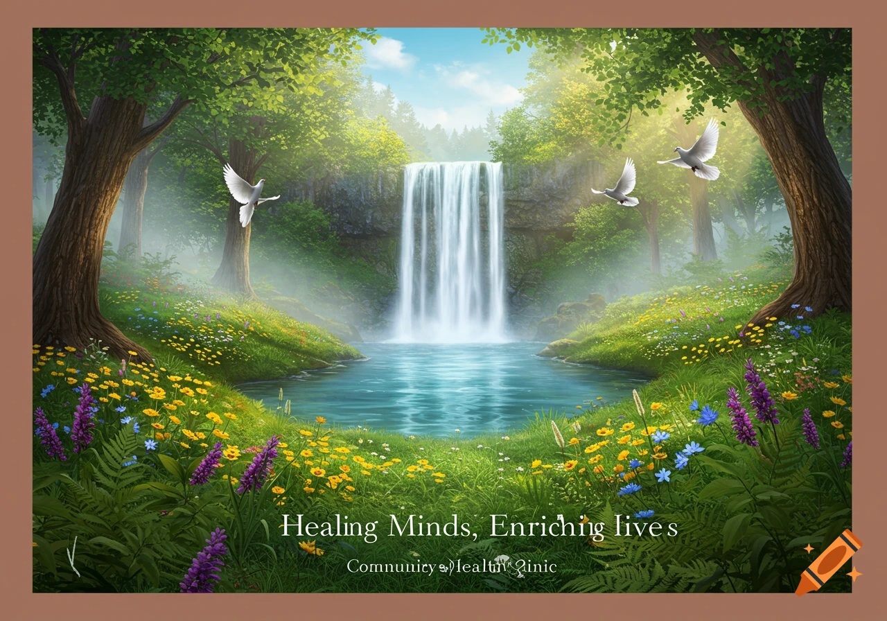 A serene landscape with a large waterfall, lush trees, colorful wildflowers, and three white doves flying. Text 'Healing Minds, Enriching Lives'.