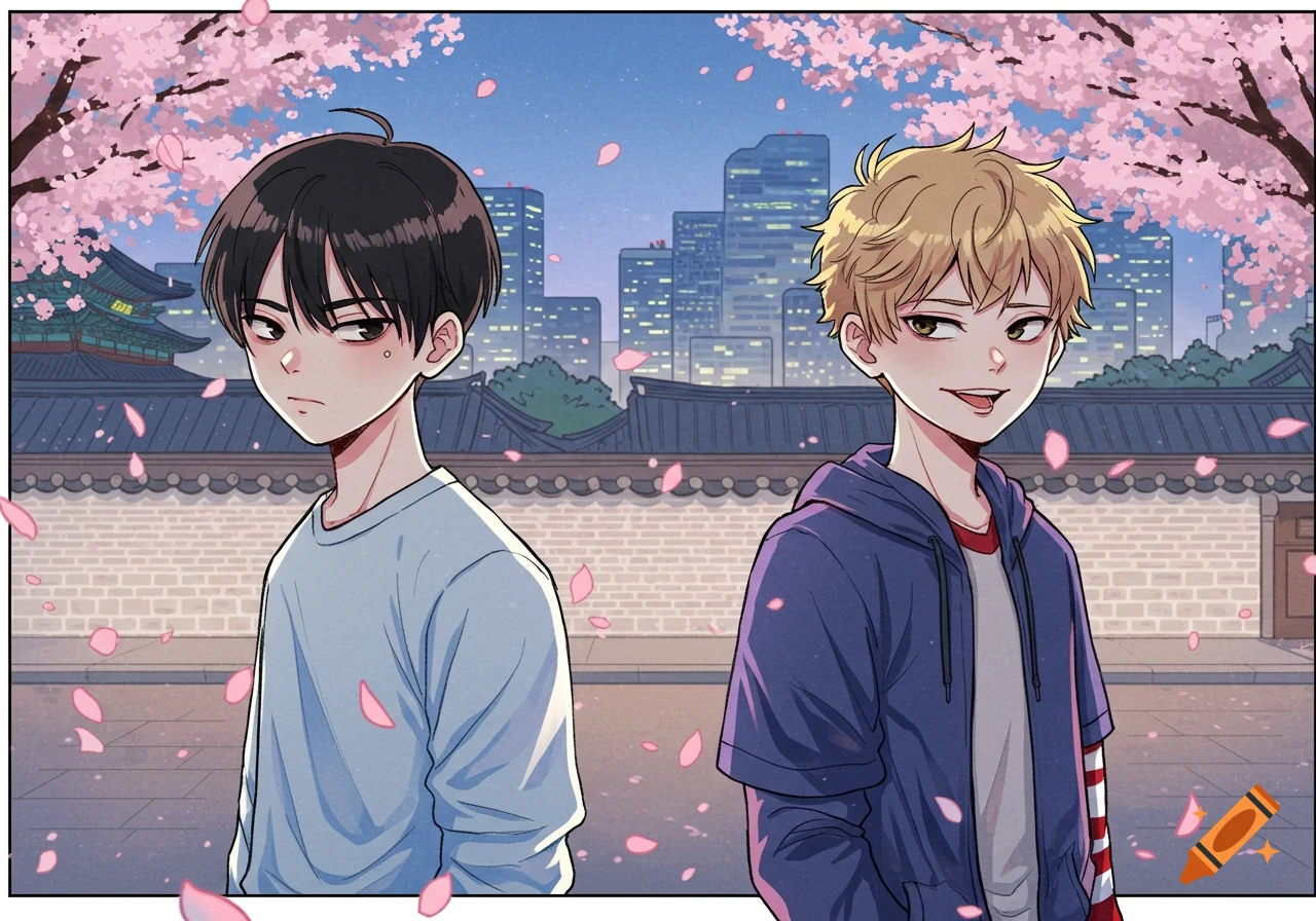 Manga style illustration of two boys standing outdoors with cherry blossoms, a traditional building, and a city skyline in the background.
