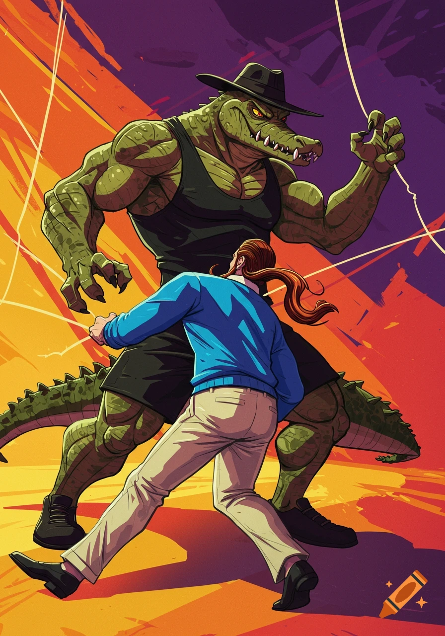 A muscular anthropomorphic alligator in a fedora faces a man in a blue sweater, both in a fighting stance in a comic book art style.