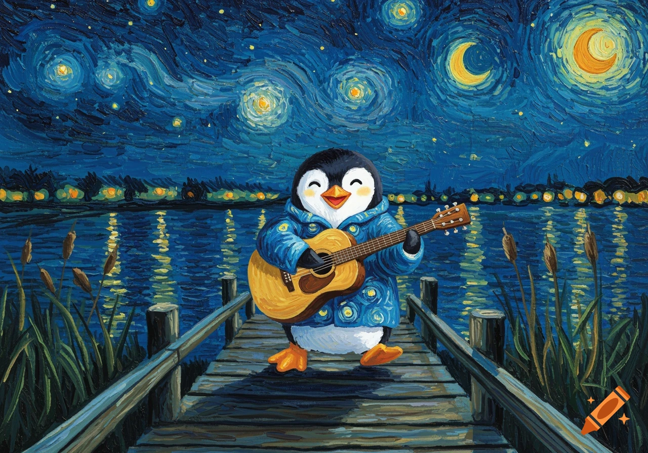 A penguin playing a guitar on a wooden pier under a starry night sky, in the style of Van Gogh.