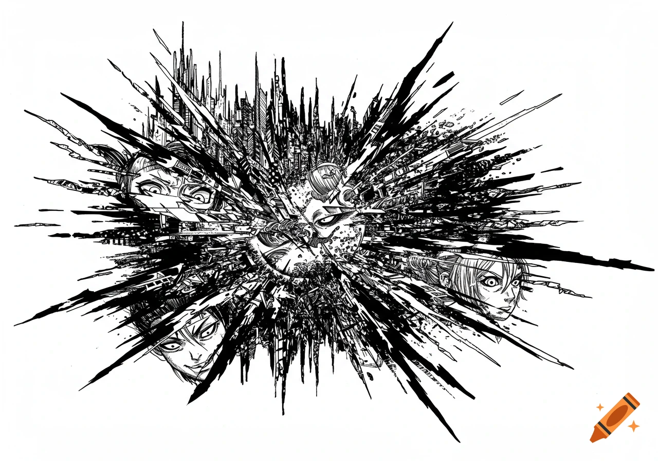 A black and white manga-style ink drawing depicts a chaotic explosion of sharp, jagged lines and abstract forms, with fragmented faces emerging from the turbulent mass.