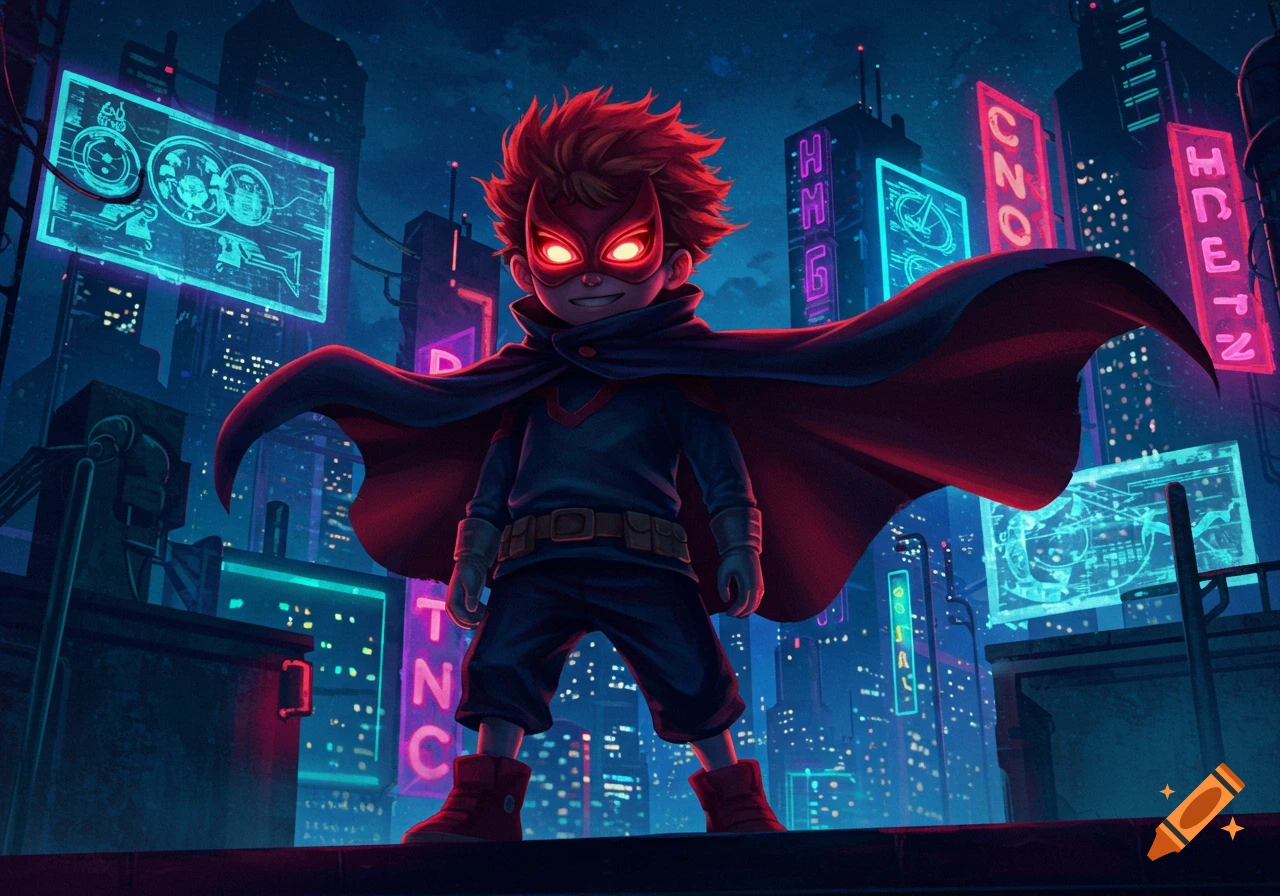 A superhero boy with red hair, glowing red eyes, and a dark cape stands on a rooftop overlooking a neon-lit cyberpunk city at night.