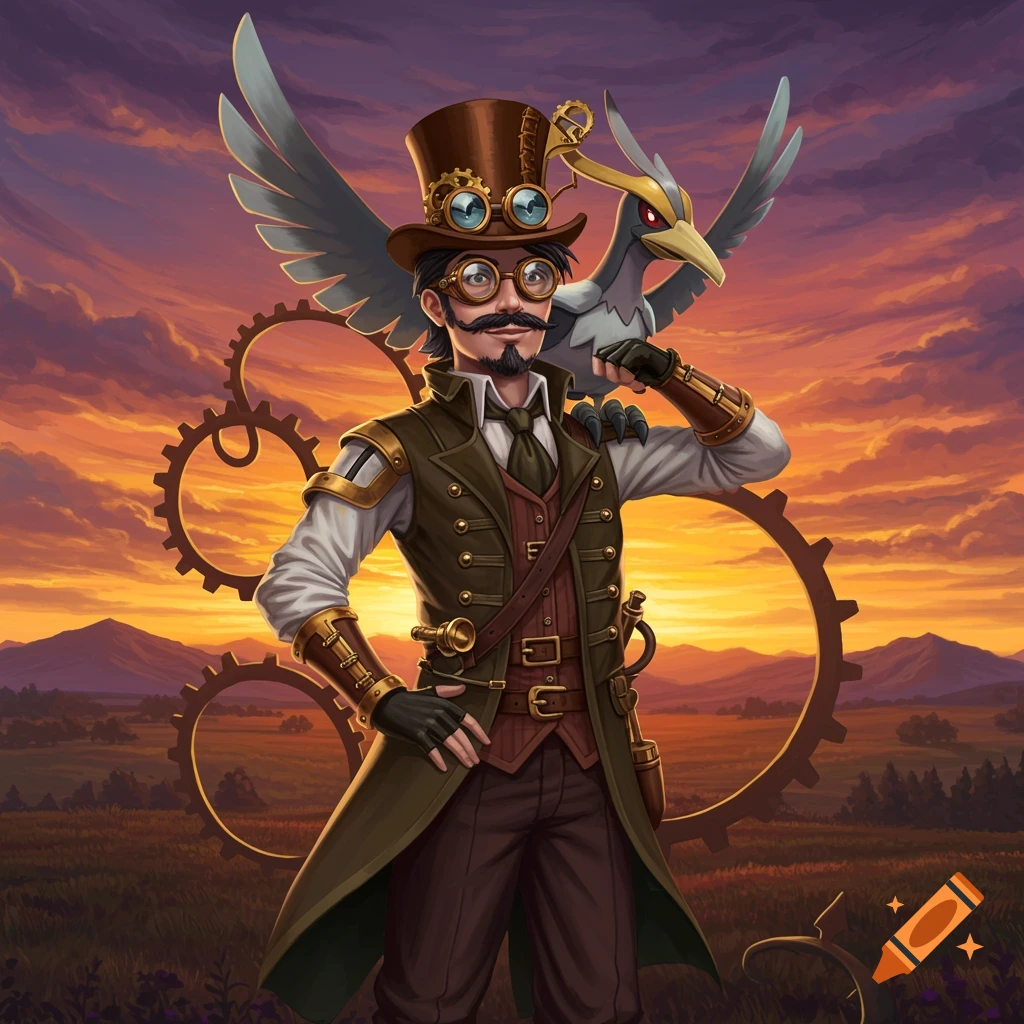 A steampunk-dressed man with goggles and a top hat, standing in a field with a bird-like creature on his shoulder, against a sunset sky with gears.