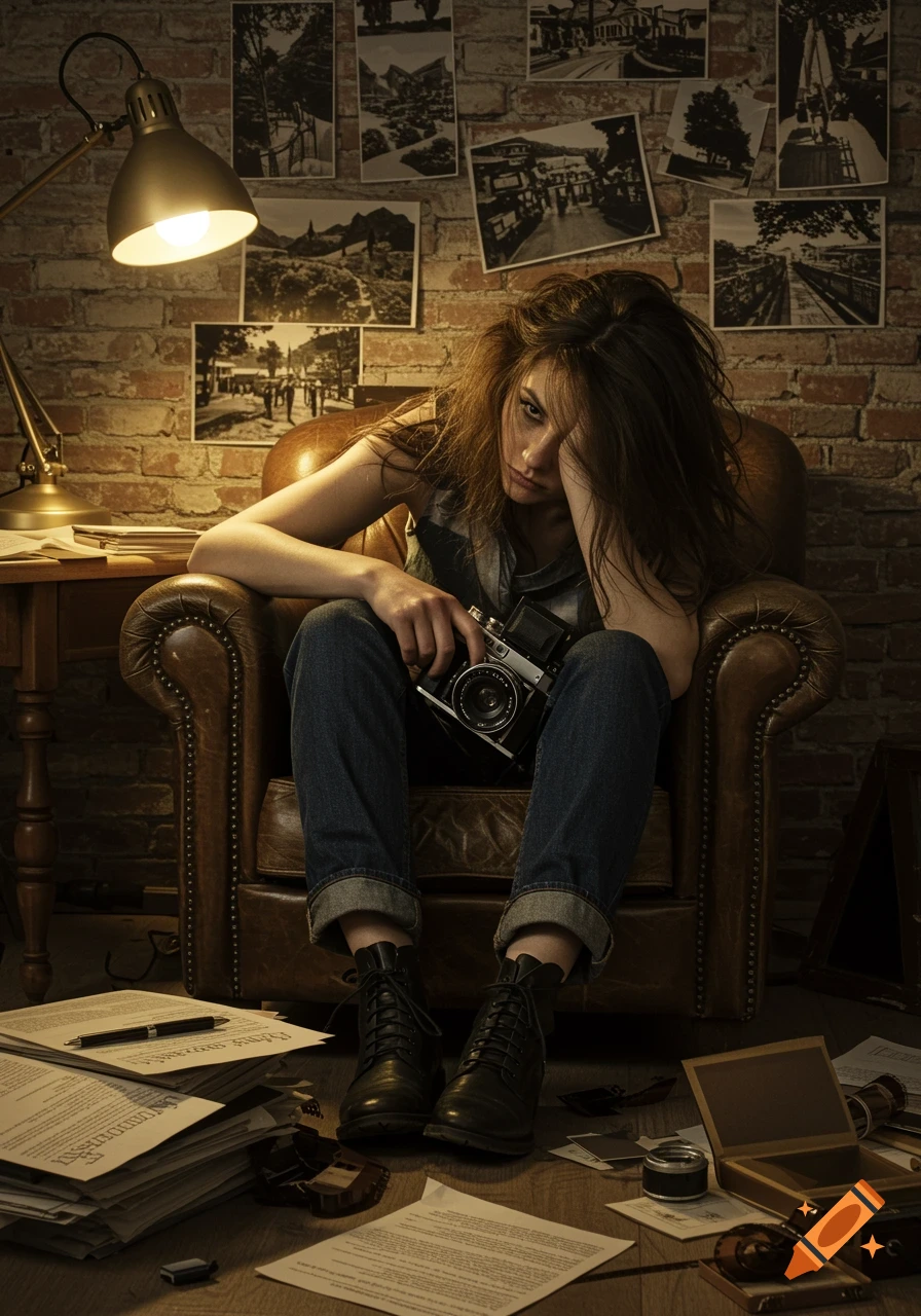 Exhausted female photographer with wild hair sits in a leather armchair surrounded by papers and vintage photos.