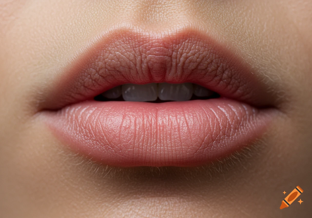 Close-up photorealistic view of human lips and slightly visible teeth.
