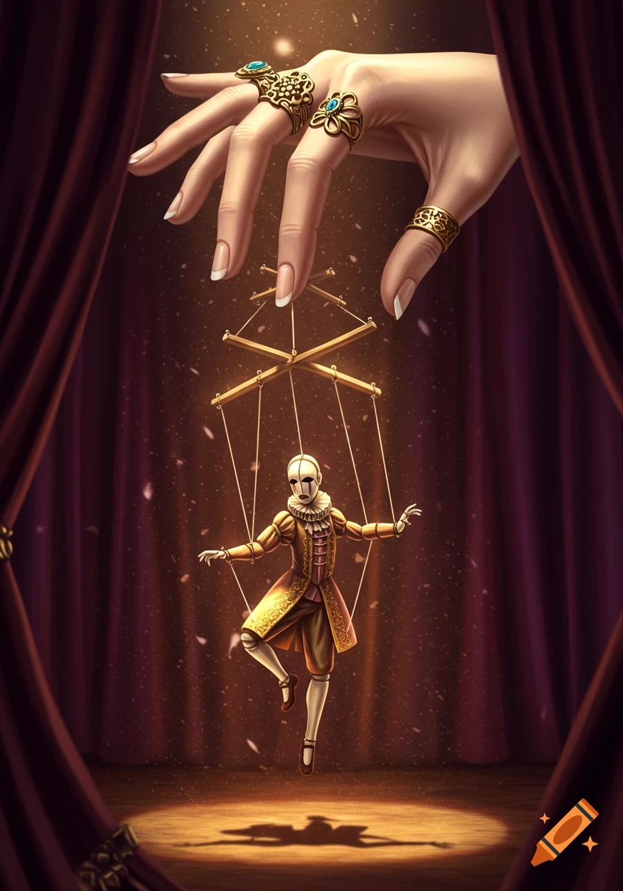 A large hand with rings manipulates a small, masked marionette puppet on a dark, spotlighted stage with red curtains.