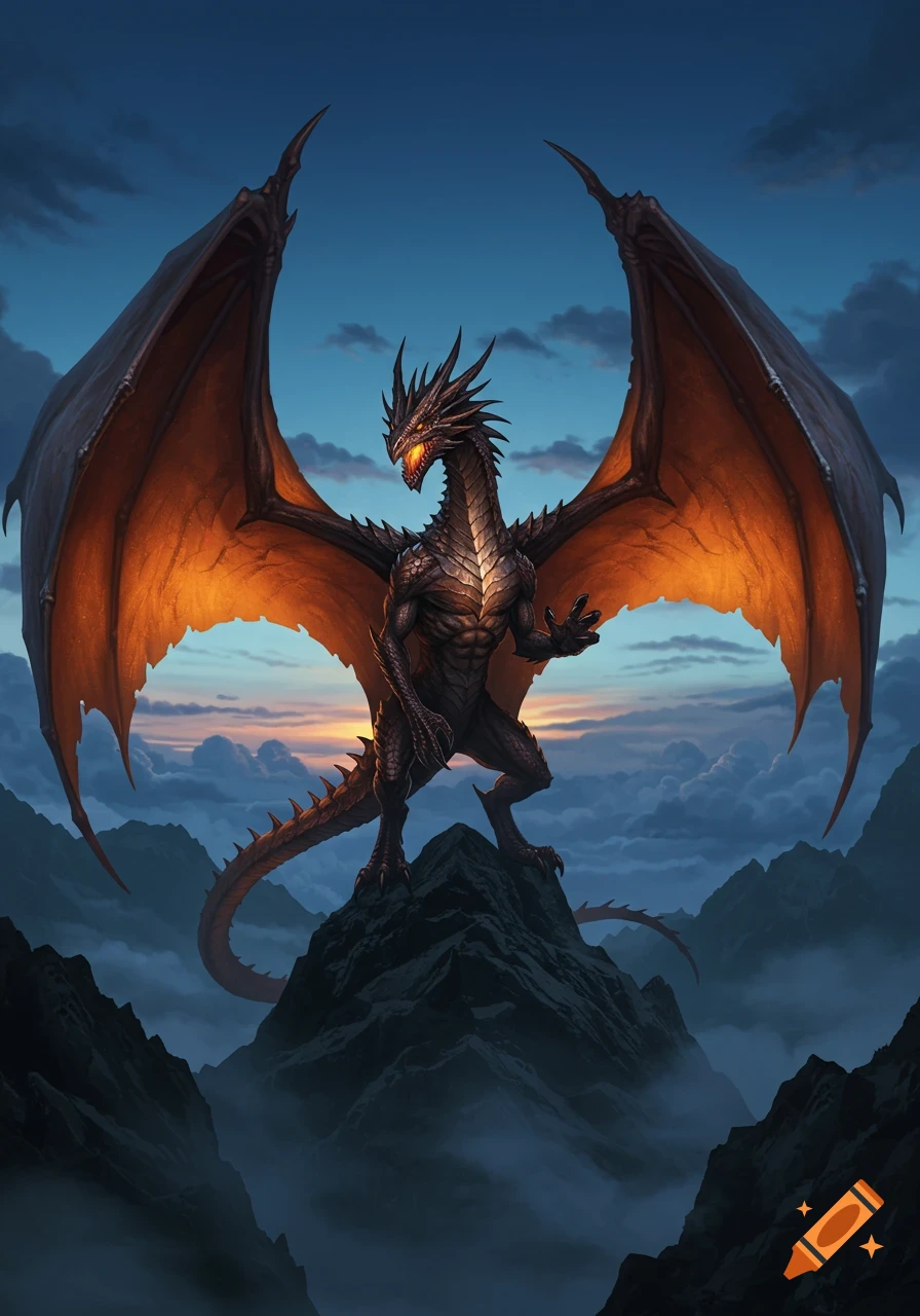 A majestic dragon with glowing orange wings stands on a misty mountain peak at dusk, with a blue sky background.